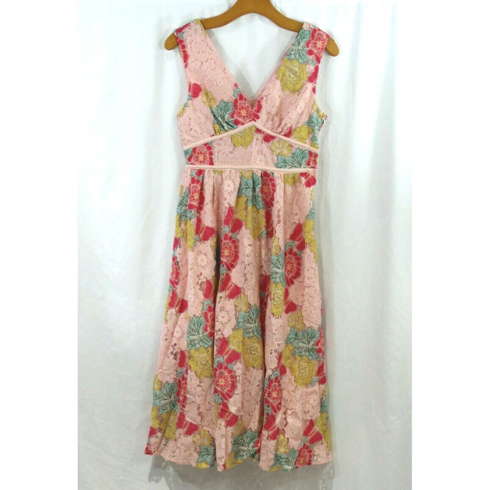NSR Pink Floral Lace Midi Dress with Red, Yellow & Teal Accents